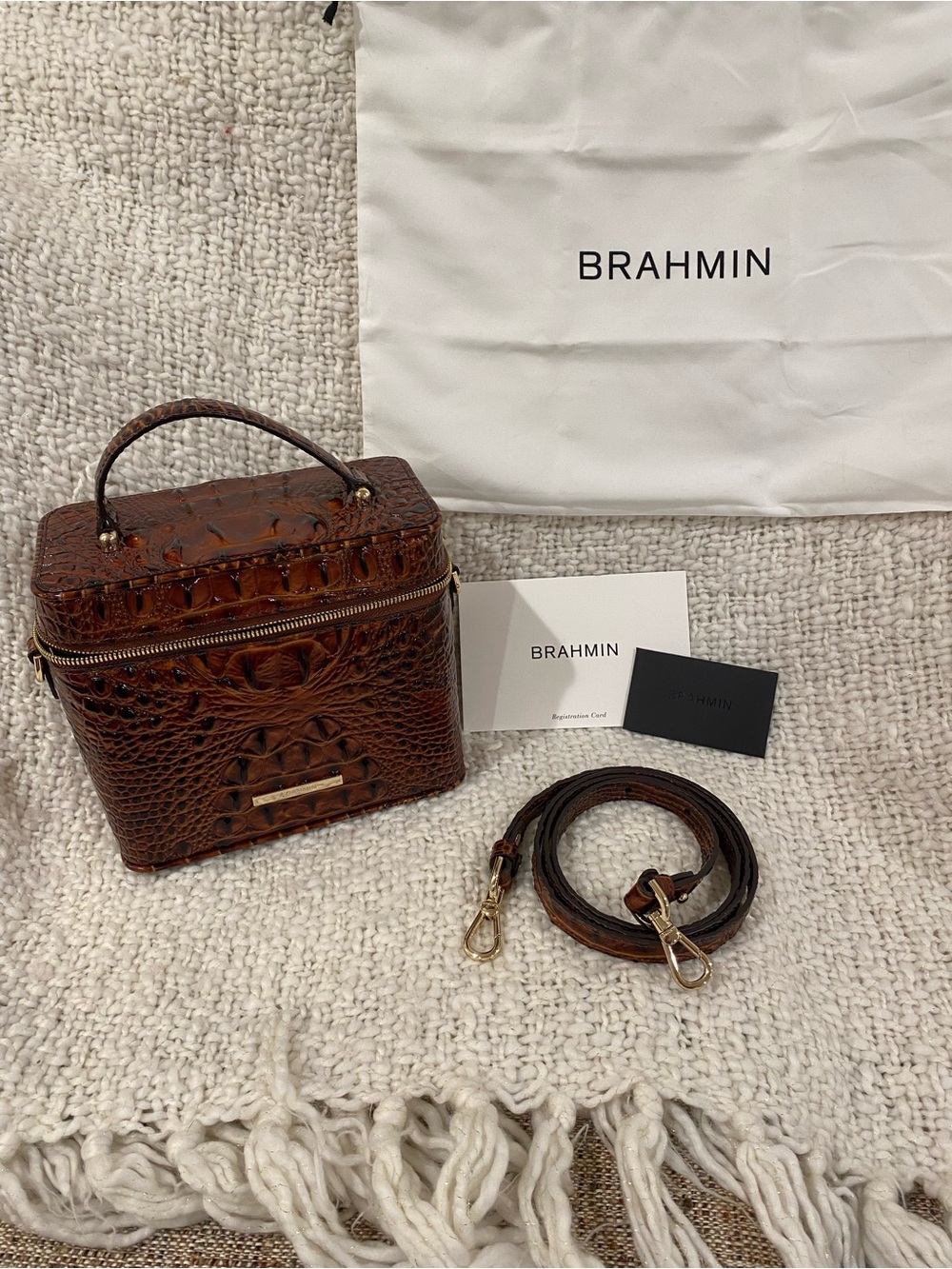 Brand New Brahmin Brown Croc-Embossed Structured Vanity Bag